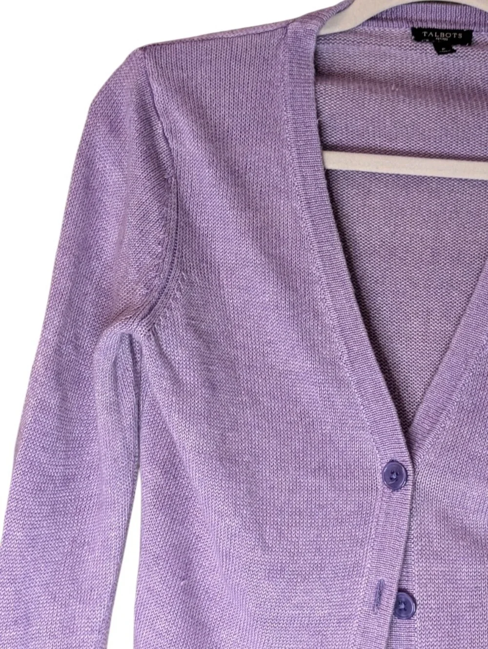 Talbots Women's V-Neck Cardigan Sweater Light Purple Button Front Size P Linen - Picture 4 of 8